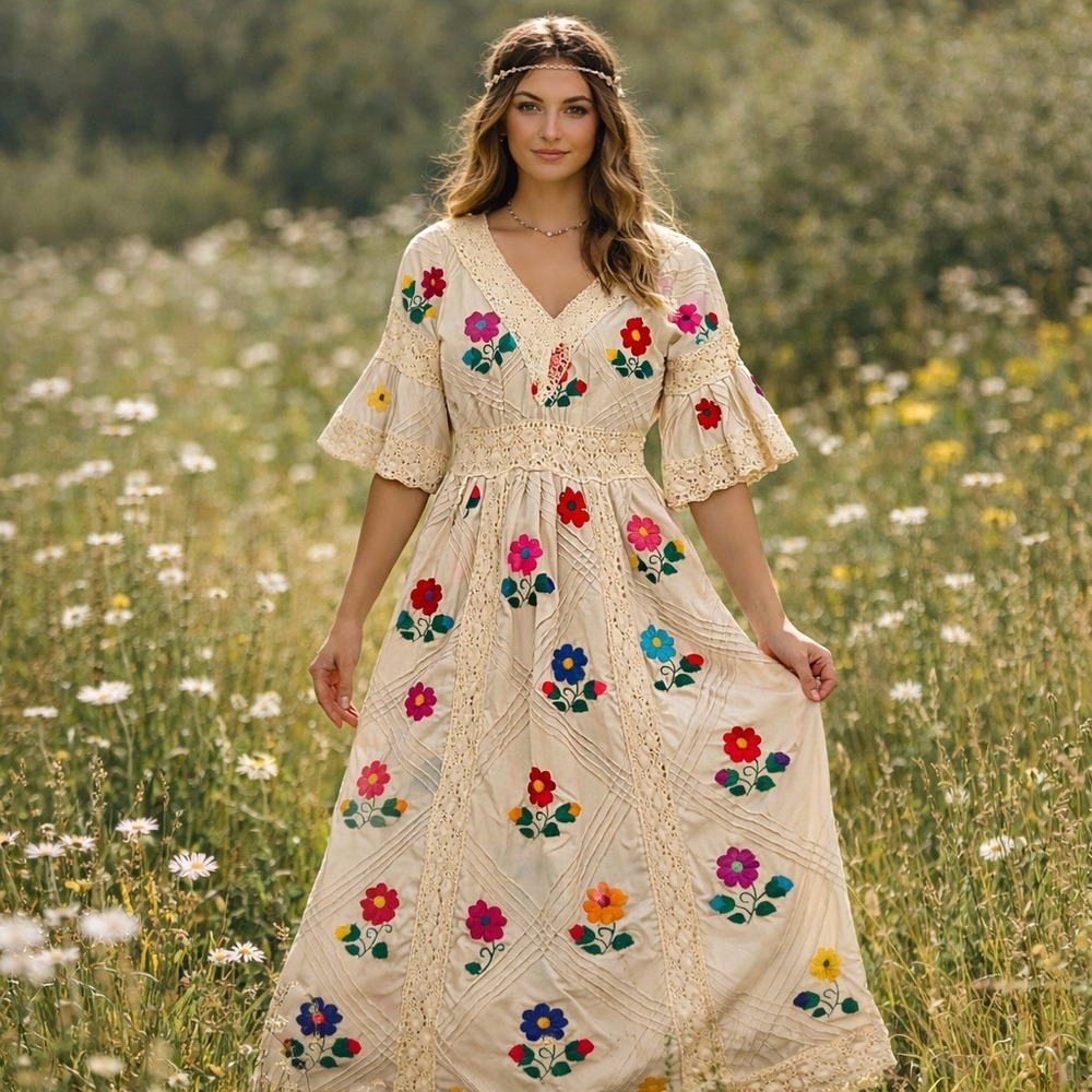Vintage Mexican Wedding Dress Floral Embroidered Maxi Boho Coastal Cowgirl Fairy